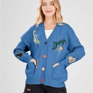 Blue Varsity Patchwork Cardigan Sweater